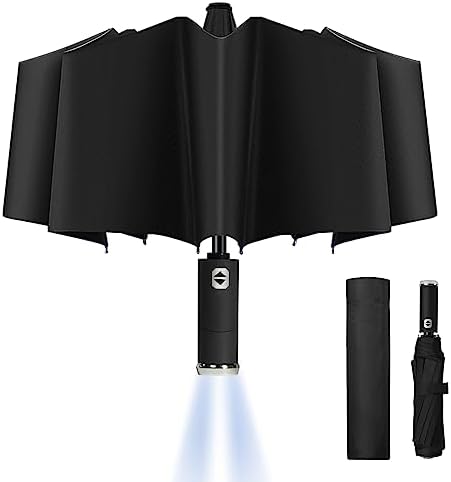 Vicloon Folding Umbrella, Travel Umbrella with LED Light, 10 Ribs Auto Open/Close Golf Umbrella, Compact Windproof Umbrella, Sturdy Reinforced Canopy Automatic Portable Umbrella - Black