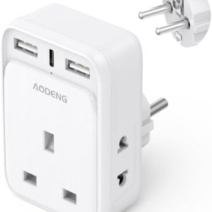UK to European Plug Adaptor with 3 USB Ports(1 20W USB C Ports) and 2 Shaver Adapter Plug for Universal Shaver/Toothbrush, European Plug Adapter for Germany Spain Greece Iceland Poland etc (Type E/F)