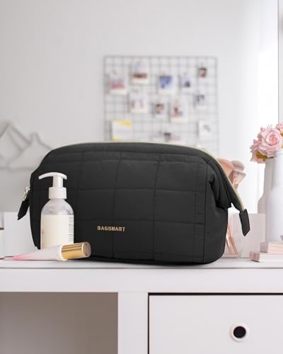 BAGSMART Makeup Bag Travel Cosmetic Bag, Puffy Padded Make Up Bags for Women Large Capacity Makeup Organizer Case, Wide-Open Pouch Purse Travel Essentials Toiletries Accessories Brushes, Black - Image 2