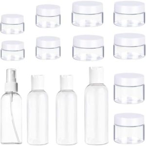 15pc Travelling Toiletry Set - 4 Easy Squeeze Bottles, 10 Jars and a Zip Up Storage Bag, Hand Luggage Cosmetic Containers, Holiday Toiletries Bottles, Clear Refillable & Portable Travel Set