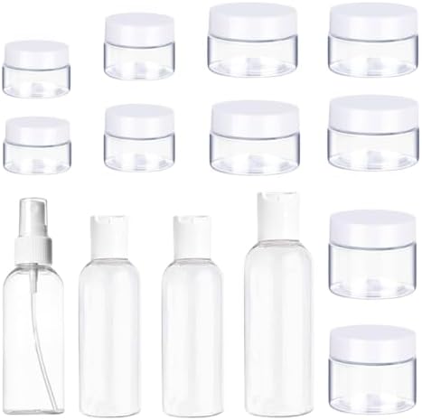 15pc Travelling Toiletry Set - 4 Easy Squeeze Bottles, 10 Jars and a Zip Up Storage Bag, Hand Luggage Cosmetic Containers, Holiday Toiletries Bottles, Clear Refillable & Portable Travel Set