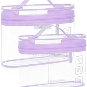 BAGSMART TSA Clear Toiletry Bag,2 Pack PVC Makeup Cosmetic Bag Organizer,Quart Size Travel Bag for Toiletries,Carry-on Travel Accessories Essentials,Purple-2pcs