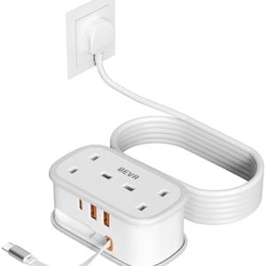 Travel Extension Lead, BEVA Power Strip with Retractable USB C Cable, 2 Way Power Socket with 3 USB Ports (1 USB C), 1.5M Extension Cable Cords for Cruise Travel Hotel Home Office Camping - White