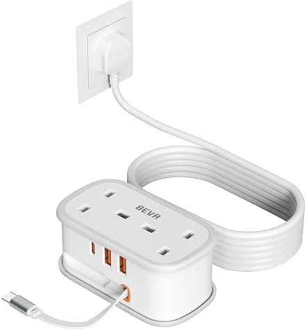 Travel Extension Lead, BEVA Power Strip with Retractable USB C Cable, 2 Way Power Socket with 3 USB Ports (1 USB C), 1.5M Extension Cable Cords for Cruise Travel Hotel Home Office Camping - White