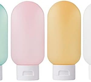 Travel Bottle, 4 Pcs Leak Proof Refillable Squeezable Containers Set (60 ml) with Label and Transparent Carry Bag for Liquid Shampoos, Soap and Toiletries. (Multicolor)