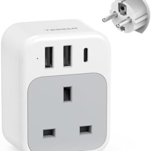 TESSAN UK to European Plug Adapter, USB C Travel Adaptor Europe with 3 USB, 3250W EU Charger Plug, Type E F for Euro Spain France Turkey Germany Egypt