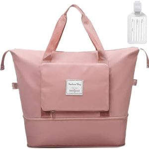 Flintronic Duffel Bag, Foldable Overnight Weekend Bags for Women, Lightweight Hospital Bag with Wet and Dry Separation Bag, Large Holdall/ Cabin Bag for Gym, Sports and Travel - Pink