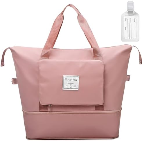 Flintronic Duffel Bag, Foldable Overnight Weekend Bags for Women, Lightweight Hospital Bag with Wet and Dry Separation Bag, Large Holdall/ Cabin Bag for Gym, Sports and Travel - Pink