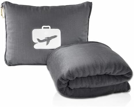 Travel blanket 2 in 1, Soft and warm travel pillow and blanket, Ultralight Portable travel blanket airplane with soft bag pillowcase for Airline travel Business trip and Office (grey)