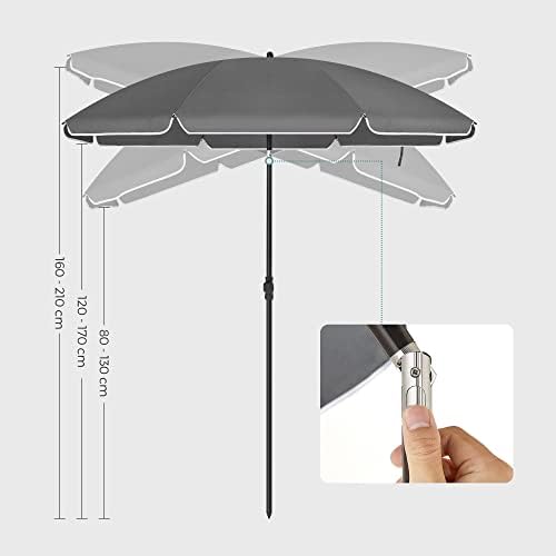 SONGMICS 1.6 m Parasol, Beach Umbrella, UPF 50+, Sun Protection, Portable Octagonal Polyester Canopy, Fibreglass Ribs, Tilt Mechanism, Carry Bag, for Beach Garden Balcony Pool, Grey GPU060G01 - Image 5