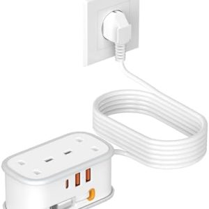 UK to European Plug Adapter with 1.5M Extension Cable, BEVA 2 Way 3 USB (2A+1C) Travel Adapter with Retractable USB C Cable for Germany France Spain Turkey Greece Iceland etc (Type E/F)
