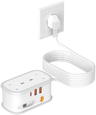 UK to European Plug Adapter with 1.5M Extension Cable, BEVA 2 Way 3 USB (2A+1C) Travel Adapter with Retractable USB C Cable for Germany France Spain Turkey Greece Iceland etc (Type E/F)