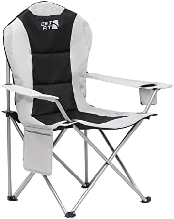 Get Fit Premium Camping Chair - Thick Padded Folding Chair For Adults With Magazine Pocket, Cup Holder & Carry Bag - Lightweight 3kg - Heavy Duty Foldable Picnic Chair - Capacity 130kg - Grey - Single