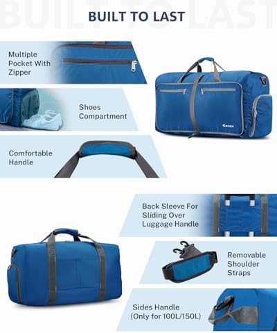 Gonex 150L Travel Duffel Bag Foldable Water Resistant Travel Bag Lightweight Duffel Bag with Big Capacity for Luggage Gym Sports Deep Blue - Image 4