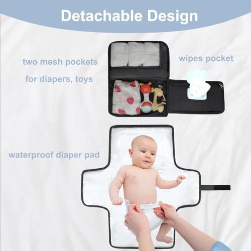 LANDICI Portable Nappy Changing Mat Travel Baby Change Mat with Smart Wipes Pocket,Foldable Waterproof Diaper Pad Bag,Baby Essentials Changing Station for Boy & Girl,Newborn Shower Gifts -Black - Image 3