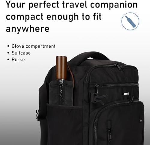 ECOHUB Travel Umbrella Windproof Strong With Compact Foldable, Automatic Open/Close, 10 Sturdy Ribs, Recycled PET Fabric, Wooden Handle & Ventilated Waterproof Canopy - Anti-Lost Sleeve, Black - Image 9