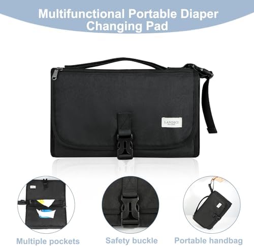 LANDICI Portable Nappy Changing Mat Travel Baby Change Mat with Smart Wipes Pocket,Foldable Waterproof Diaper Pad Bag,Baby Essentials Changing Station for Boy & Girl,Newborn Shower Gifts -Black - Image 5