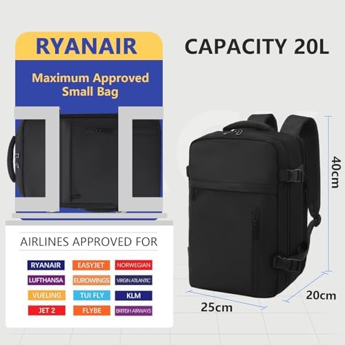 Cabin Bags 40x20x25 for Ryanair Underseat Carry-Ons Travel Backpack - Hand Luggage Backpack Cabin Bag Size 20L - Daypack School Office Bag with USB Port - Black - Image 2