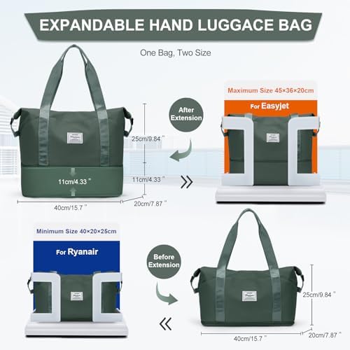 SZLX for Ryanair Airlines Cabin Bag 40x20x25 Underseat Foldable Travel Duffel Bag Holdall Tote Carry on Hand Luggage Overnight for Women and Men 20L(Olive Green) - Image 3