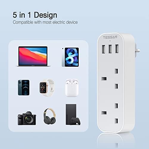 UK to European Plug Adapter with 3 USB, TESSAN Grounded EU Euro Europe Travel Plugs, Schuko European Adaptor for France Spain Iceland Austria Poland Germany Portugal Turkey Greece and More Type E/F - Image 4