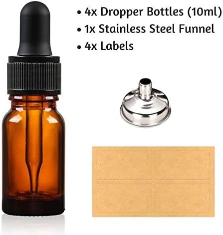 AOZITA 4 x 10ml Amber Brown Glass Bottles with Dropper Pipettes - Come with 1 Stainless Steel Funnel & 4 Lables - Tincture Dropper Bottles for Essential Oils, Aromatherapy Blends, Liquids - Image 4