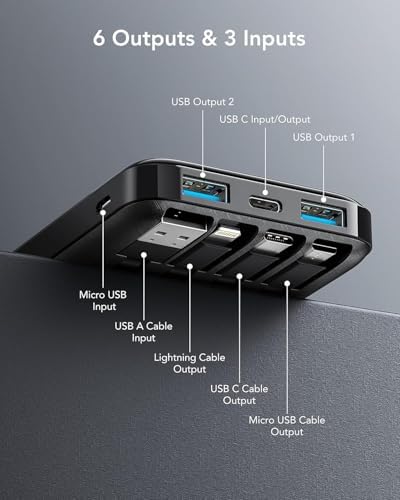 Charmast Power Bank with Built in Cables X 4, 10000mAh USB C Battery pack 6 Outputs 3 Inputs with LED Display Type C Powerbank Portable Charger Compatible with Smartphones Tablets and More - Image 6