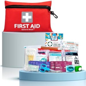 General Medi Mini First Aid Kit, 92 Pieces Small First Aid Kit - Includes Emergency Foil Blanket, Scissors for Travel, Home, Office, Vehicle, Camping, Workplace & Outdoor (Red)
