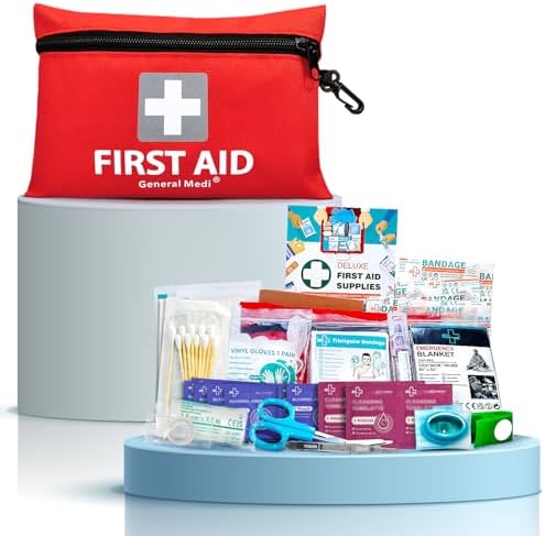 General Medi Mini First Aid Kit, 92 Pieces Small First Aid Kit - Includes Emergency Foil Blanket, Scissors for Travel, Home, Office, Vehicle, Camping, Workplace & Outdoor (Red)
