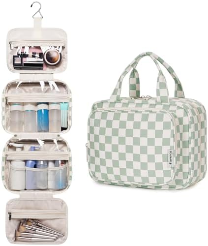 Narwey Checkered Hanging Travel Toiletry Bag for Women Wash Bag Cosmetics Makeup Bag Organizer for Travel Size Accessories(Checkerboard Mint Green (Medium)) - Image 2