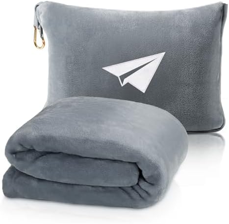 LOMEE Premium Soft Travel Blanket, 2 in 1 Airplane Blanket Pillow with Compact Bag, Backpack Clip and Hand Luggage Belt, Portable Travel Essentials for Long Flights