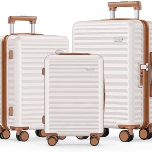 SHOWKOO Suitcase Sets 3 Piece Expandable Hardshell 100% PC Lightweight Carry on Travel Hand Luggage with Double Spinner Wheels & TSA Lock, Beige White