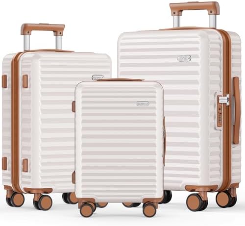SHOWKOO Suitcase Sets 3 Piece Expandable Hardshell 100% PC Lightweight Carry on Travel Hand Luggage with Double Spinner Wheels & TSA Lock, Beige White