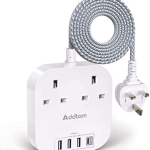 Extension Lead, Power Strips with 2 Way Outlets 4 (4.5A, 1 Type C and 3 USB-A Port) Surge Protection Plug Extension Socket with 1. 8 M Braided cord for Home Office