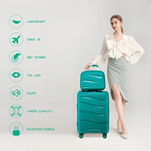 Kono Luggage Sets of 2 Piece Lightweight Polypropylene Hard Shell Suitcase with TSA Lock Spinner Wheels Travel Carry On Hand Cabin Luggage with Beauty Case (Set of 2, Turquoise) - Image 3