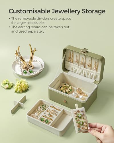SONGMICS Jewellery Box, 2-Layer Jewellery Storage, 11 x 16 x 8 cm Travel Jewellery Box, Portable Jewellery Case, Small, Spacious, for Larger Accessories, Gift Idea, Laurel Green JBC166C02 - Image 5