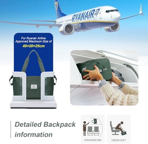 SZLX for Ryanair Airlines Cabin Bag 40x20x25 Underseat Foldable Travel Duffel Bag Holdall Tote Carry on Hand Luggage Overnight for Women and Men 20L(Olive Green) - Image 2