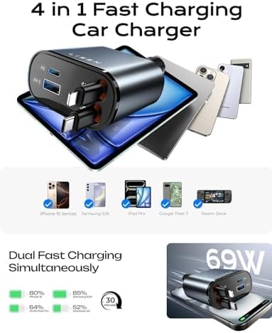 LISEN Retractable Car Charger Adapter 69W Cigarette Lighter USB Car Charger USB C Car Phone Charger Travel Holiday Essentials Car Accessories Gifts for Women Men 12V USB Socket for iPhone 16 15 14 13 - Image 5