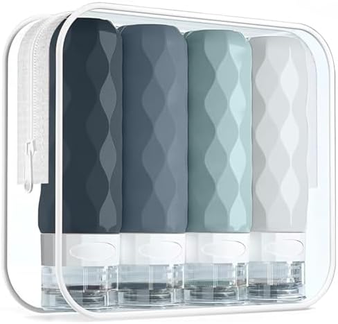 Silicone Travel Bottles for Toiletries with Clear Bag- 4 Pack Holiday Essentials Travel Bottles for Toiletries- Refillable Shampoo and Conditioner Bottle -Leakproof, Squeezy Travel Accessories