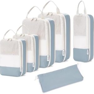 Narwey 6 Set Compression Packing Cubes for Backpack and Suitcases, Travel Organiser Packing Bags for Carry on Hand Luggage Travel Essentials Bag for Women and Girls (Grayish Blue)