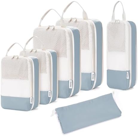 Narwey 6 Set Compression Packing Cubes for Backpack and Suitcases, Travel Organiser Packing Bags for Carry on Hand Luggage Travel Essentials Bag for Women and Girls (Grayish Blue)