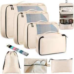 8 Set Packing Cubes for Travel Women Men Kids, Mesh Suitcase Organizer Bags Set for Luggage, 4 Sizes Extra Large, Large, Medium, Small, Travel Camping Essentials Accessories, Beige
