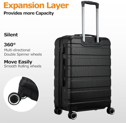 Panana Lightweight Hard Shell Suitcases Cabin Hold Luggage ABS Expandable Durable Trolley Travel Luggage with 4 Spinner Wheels TSA Lock, 3 Size for Choose (Black, 24 Inch) - Image 4