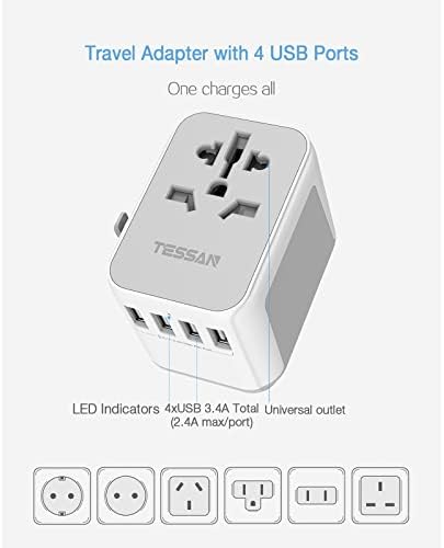 TESSAN Universal Travel Adapter Worldwide with 4 USB, International Travel Adapter UK to European Power Universal Plug Adaptor for EU USA Australia Thailand (Type C, G, A, I),Grey White - Image 3