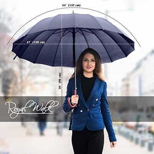 Royal Walk Windproof Umbrella Black Large 54 Inch Automatic Open for 2 Persons Stormproof for Men Women Classic Wooden Handle Lightweight Waterproof Durable Strong 16 Ribs Travel Golf 120cm Navy Blue - Image 4