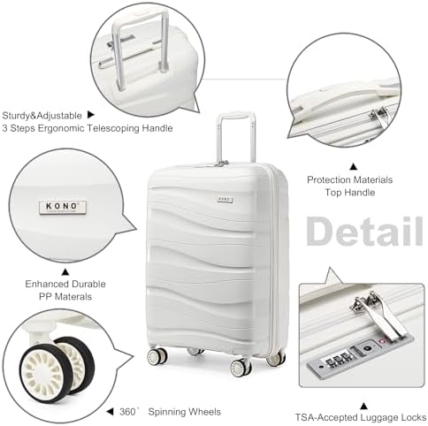 Kono Suitcase Sets of 2 Piece Lightweight Carry On Hand Cabin Luggage Polypropylene Hard Shell Suitcase with TSA Lock Spinner Wheels Travel with Beauty Case (Set of 2, White) - Image 2