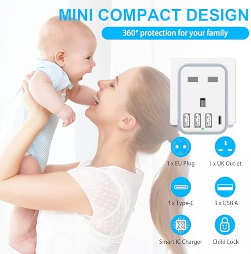 European Travel Adapter - 5 in 1 UK to EU Adapter with 4 USB Ports, UK to Turkey Travel Plug, Grounded Schuko Plug for Germany, France, Spain, Portugal, Poland, Austria (Type E/F) - Image 2