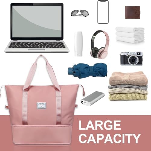 Flintronic Duffel Bag, Foldable Overnight Weekend Bags for Women, Lightweight Hospital Bag with Wet and Dry Separation Bag, Large Holdall/ Cabin Bag for Gym, Sports and Travel - Pink - Image 7