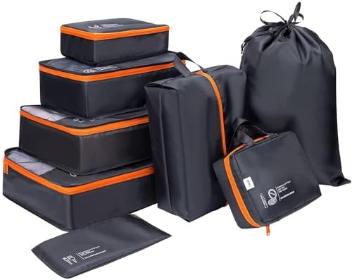 DIMJ Packing Cubes 8 Sets Travel Luggage Organizers for Suitcases Packing Organiser with Label Shoe Storage Bags Laundry Bag, Black