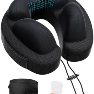 JINXIA Travel Pillow for Neck,Portable Neck Pillow Memory Foam for Plane Cars Trains Office,Breathable Fabric&Lightweight for Neck Perfect Support Pillow with Carry Bag,Earplugs-Black(Softer version)