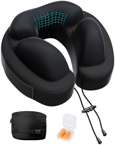 JINXIA Travel Pillow for Neck,Portable Neck Pillow Memory Foam for Plane Cars Trains Office,Breathable Fabric&Lightweight for Neck Perfect Support Pillow with Carry Bag,Earplugs-Black(Softer version)